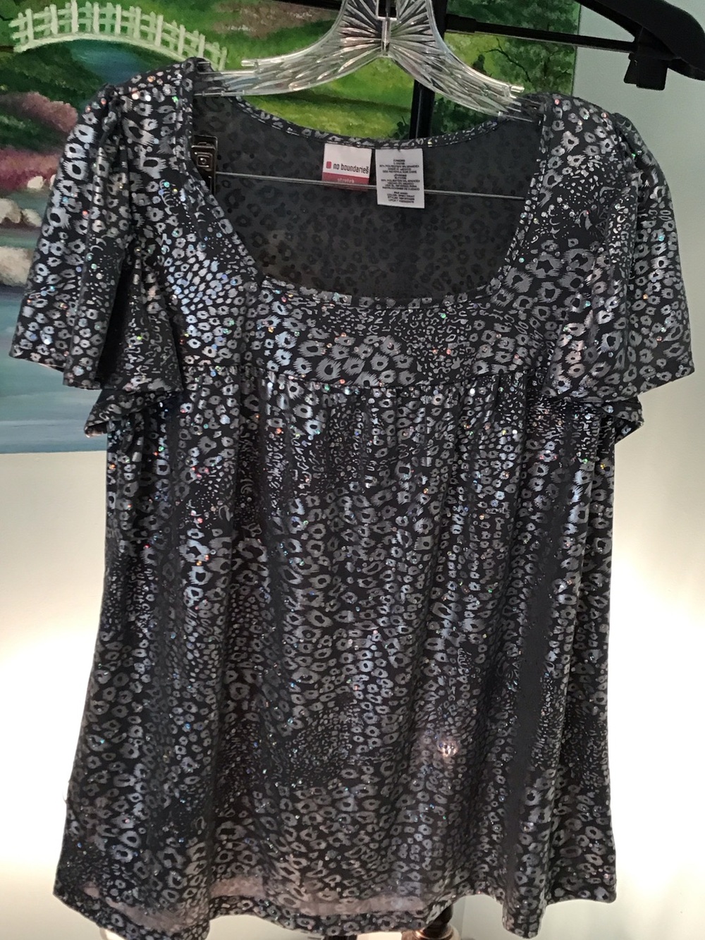 No Boundaries Metallic Leopard Scoop Neck Top - Black/Silver